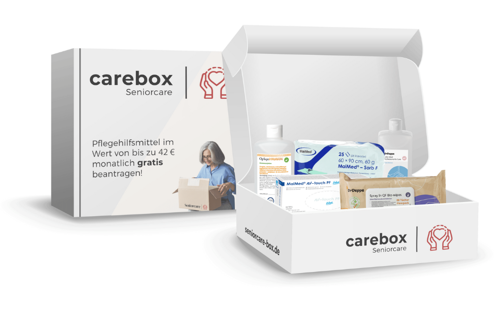 Geöffnete Pflegebox von Seniorcare mit Pflegehilfsmitteln zum Verbrauch