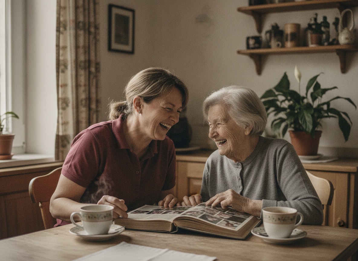 Betreuungskraft und Seniorin lachen gemeinsam am Küchentisch über einem Fotoalbum