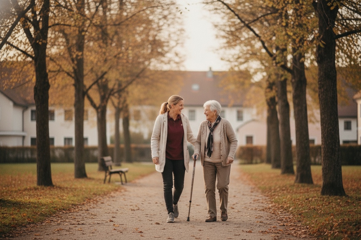 Mitarbeiterin von Seniorcare unterhält sich beim Spaziergang mit einer Seniorin