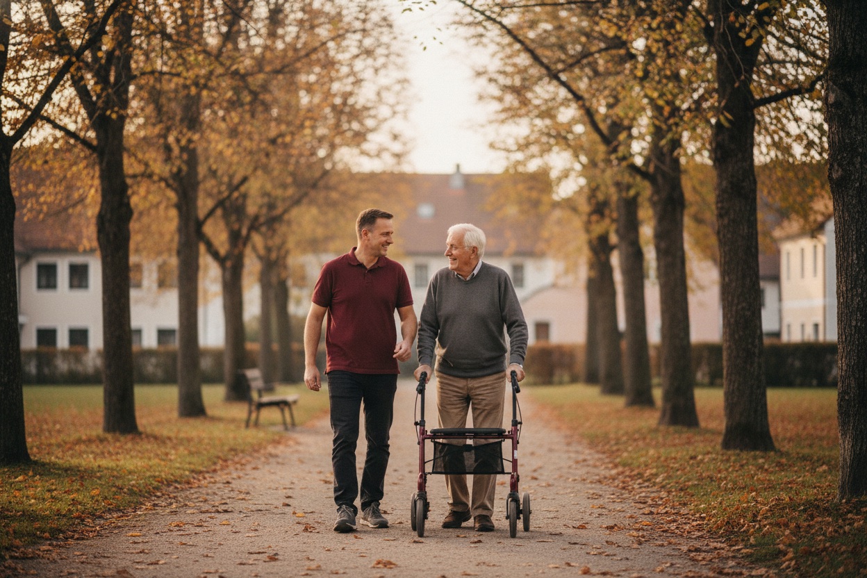 Betreuer begleitet Senior mit Rollator bei einem Spaziergang im Park
