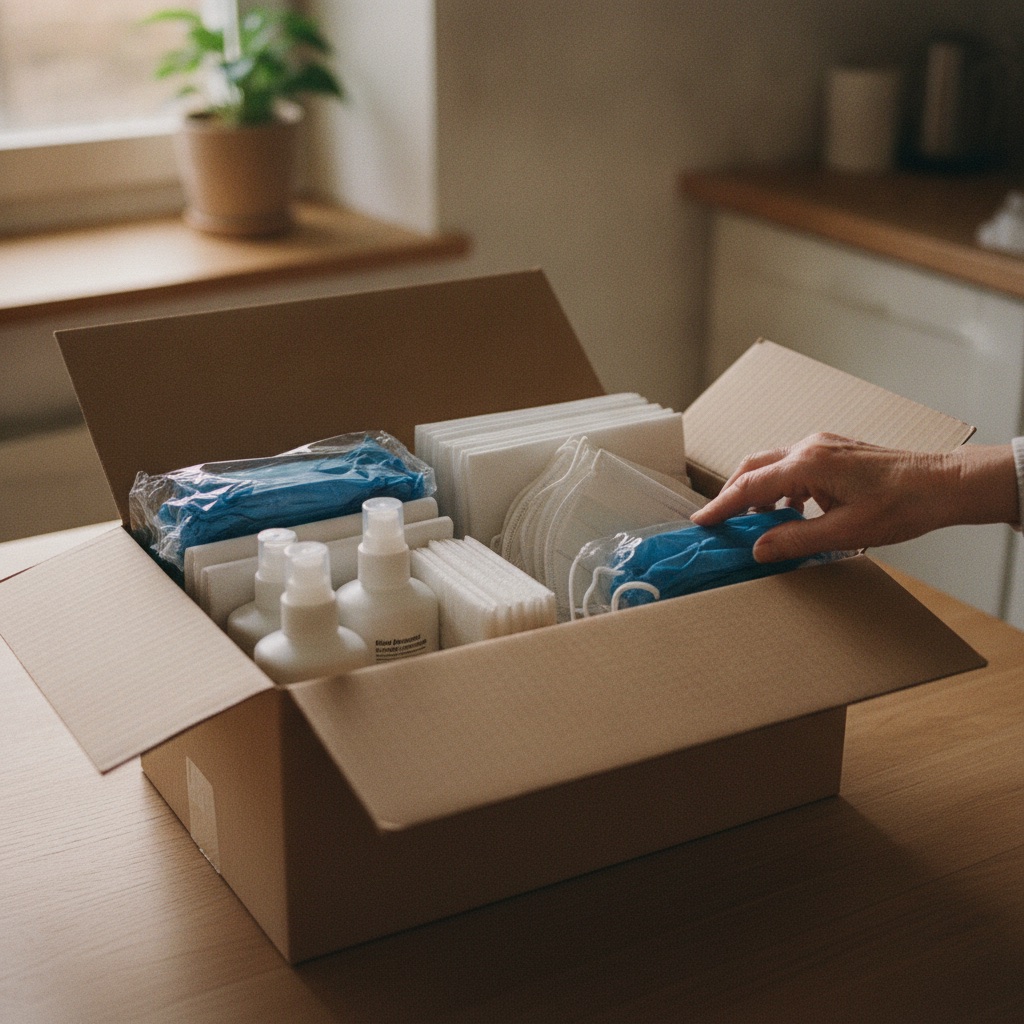 Carebox mit Pflegehilfsmitteln auf einem Küchentisch