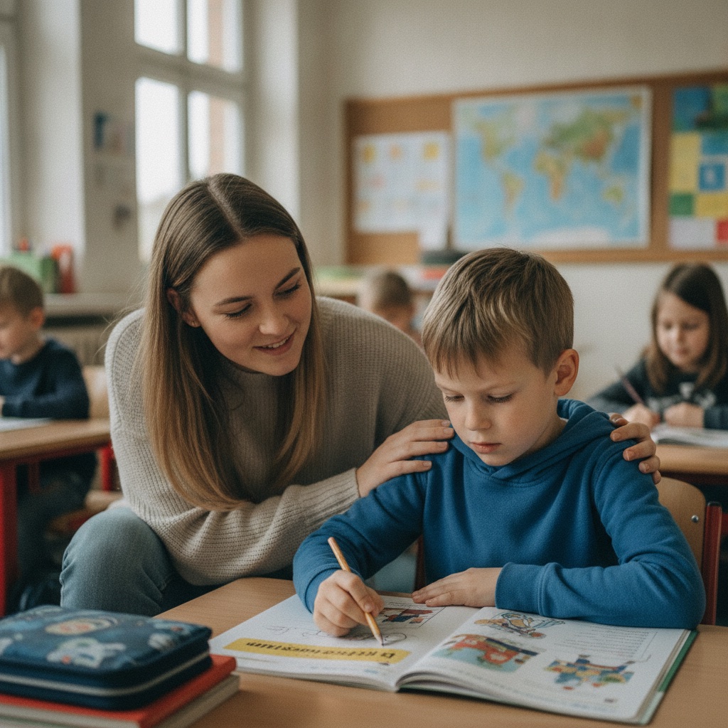 Schulbegleiterin hilft einem Jungen im Unterricht an seinem Platz
