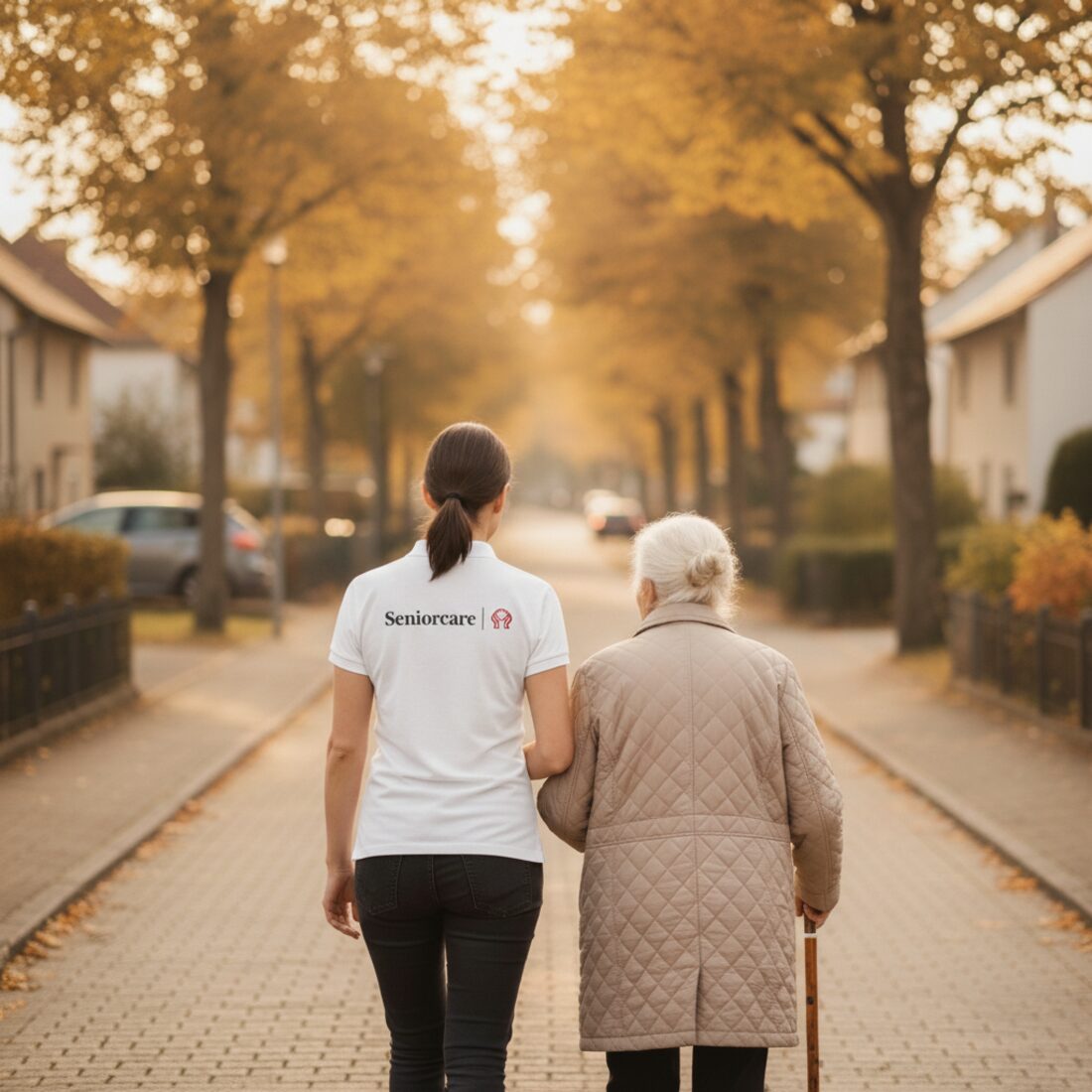 Seniorcare-Assistenzkraft im weißen Polo begleitet eine Person unterwegs