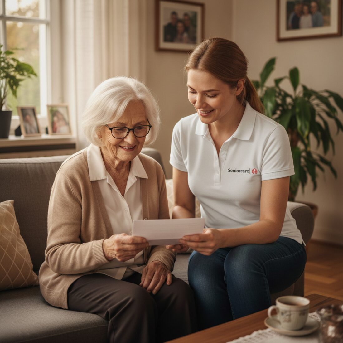 Seniorcare-Mitarbeiterin im weißen Polo im persönlichen Gespräch