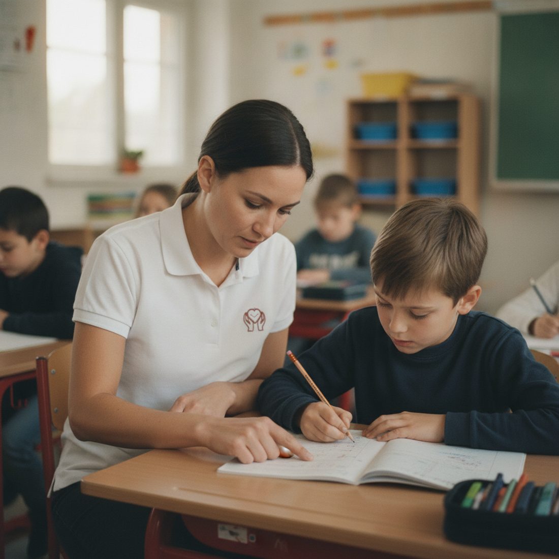 Schulbegleiterin hilft einem Jungen im Klassenzimmer beim Schreiben