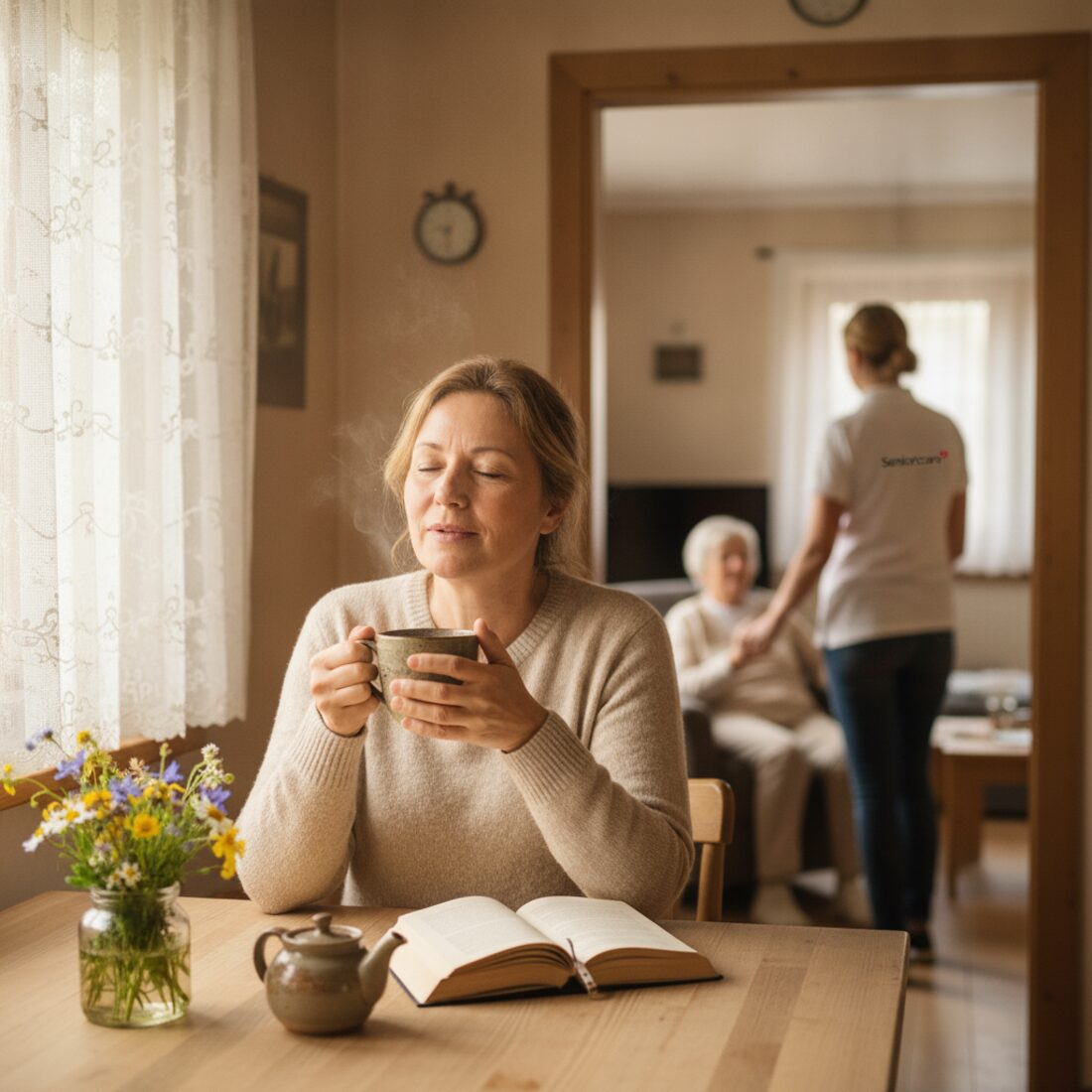 Seniorcare-Haushaltshilfe im weißen Polo im Hintergrund, während eine Frau entspannt Kaffee trinkt