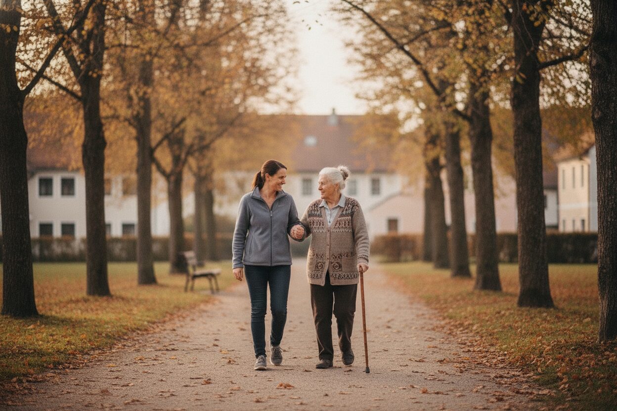 Alltagsbegleiterin und Seniorin gehen gemeinsam auf einem Weg unter herbstlichen Bäumen spazieren