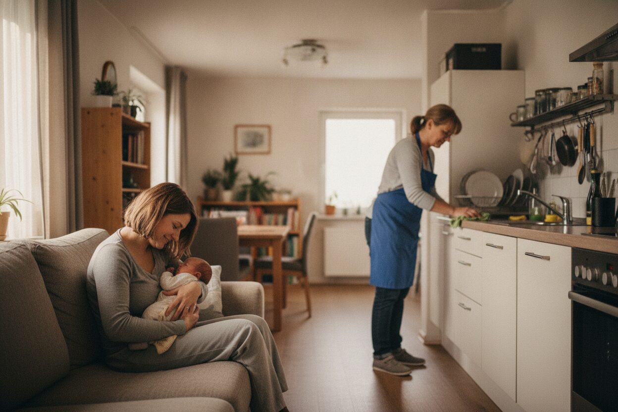 Junge Mutter mit Neugeborenem auf dem Sofa, während im Hintergrund eine Haushaltshilfe die Küche aufräumt