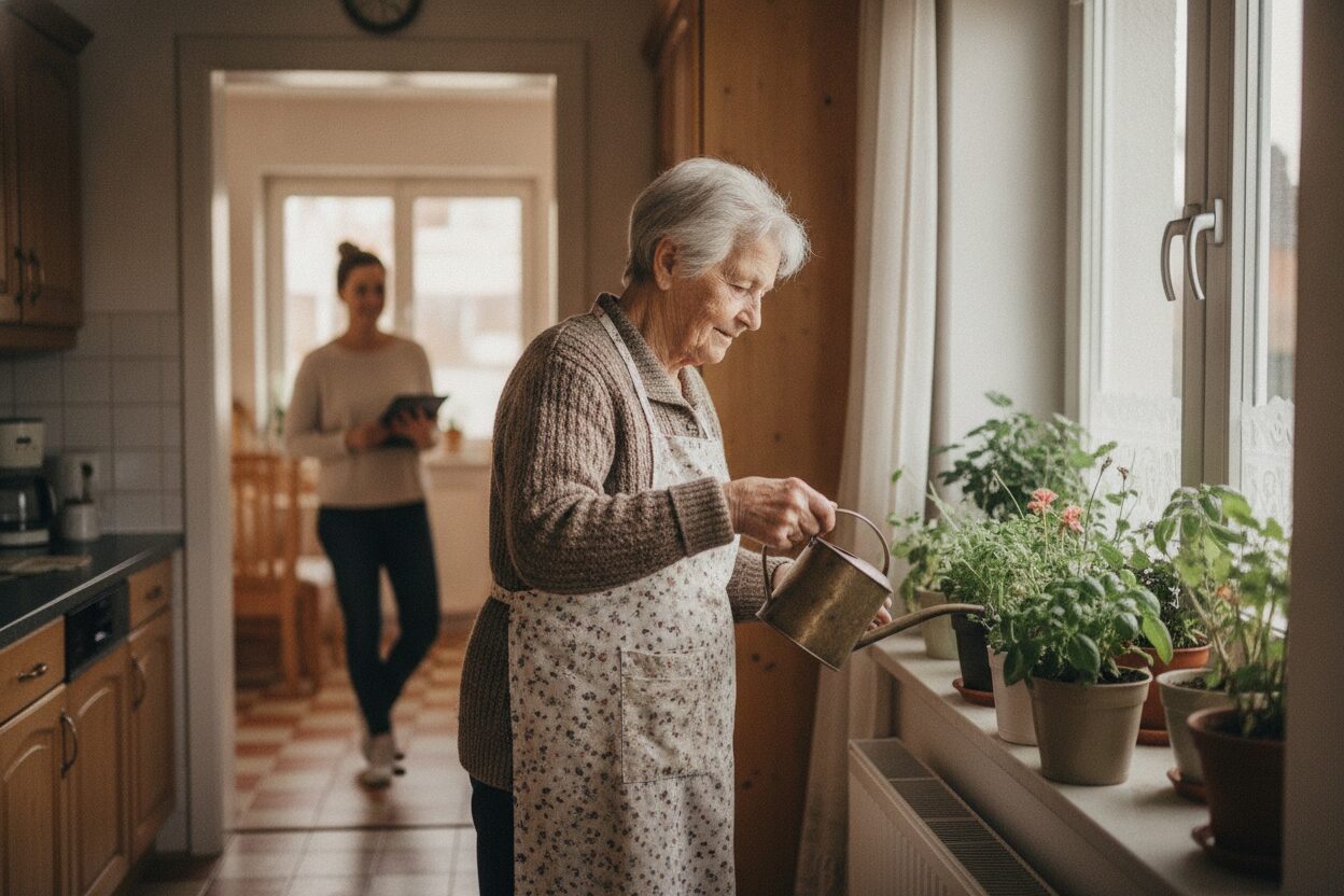 Seniorin gießt selbstständig die Blumen am Küchenfenster, im Hintergrund eine Betreuungskraft