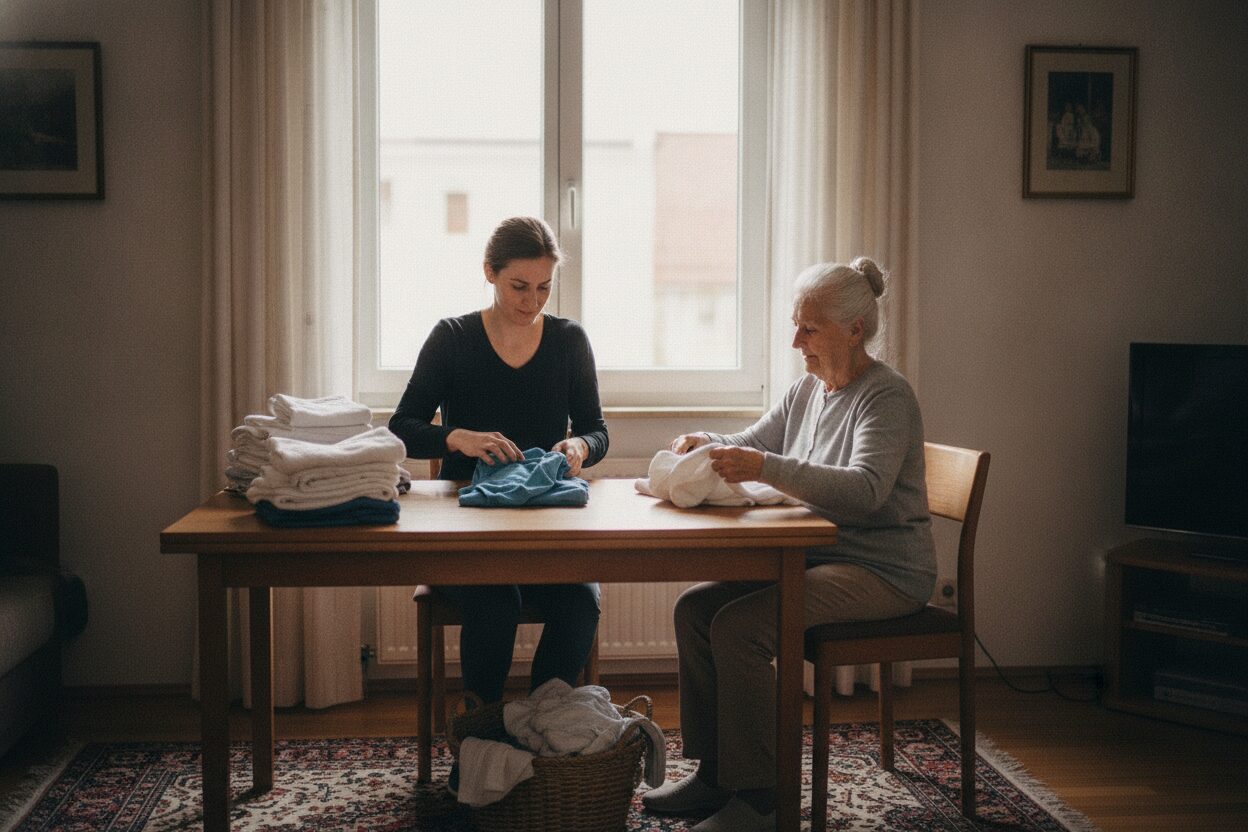 Betreuungskraft und Seniorin legen zusammen Wäsche am Tisch im Wohnzimmer zusammen