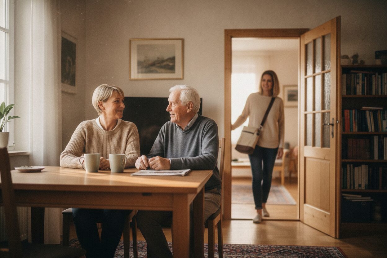 Betreuungskraft sitzt mit einem Senior am Wohnzimmertisch, während die Tochter mit Reisetasche das Haus verlässt