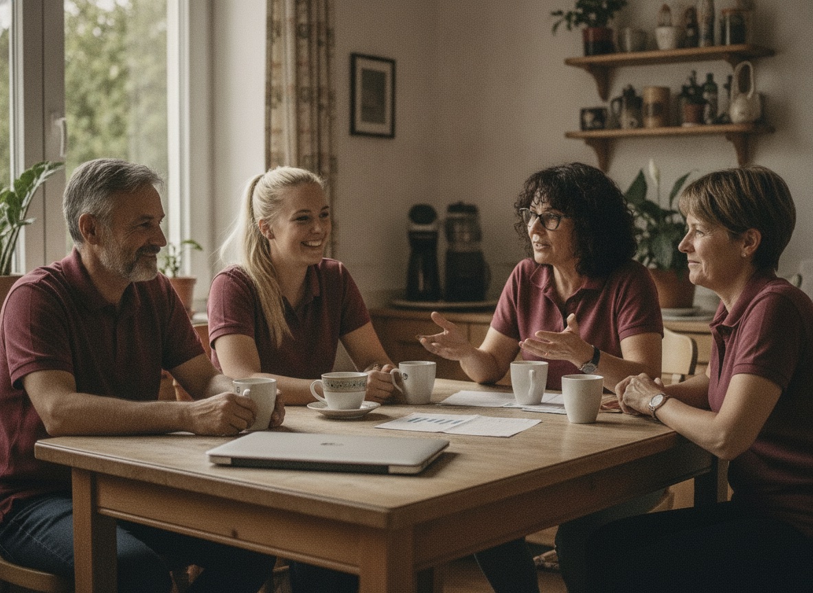 Das Seniorcare-Team bespricht sich morgens am Tisch im Büro